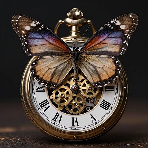 Photograph of a detailed, gold pocket watch with intricate gears and Roman numerals, adorned with vibrant, iridescent butterfly wings.