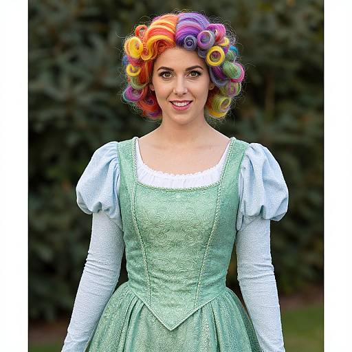 Photograph of a smiling woman with rainbow-colored hair curls, wearing a light green vintage dress with white puffed sleeves, set against a dark green leaf