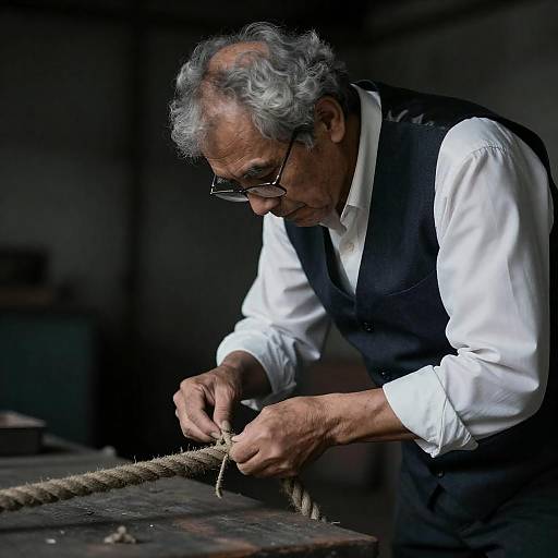 Elderly Craftsman Tying Rope in Workshop