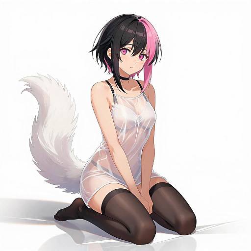 Anime Girl with Pink and Black Hair and White Tail