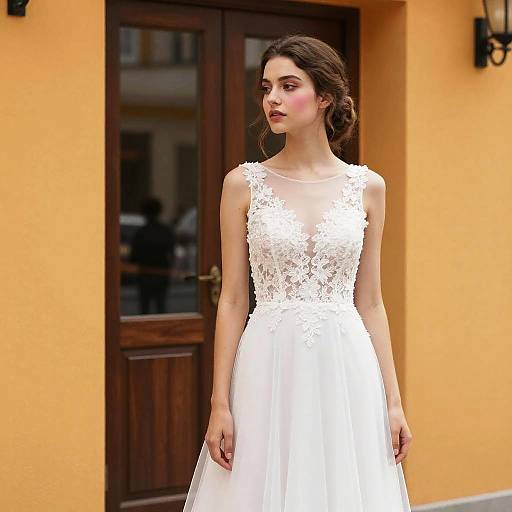 Bride in White Dress by Orange Wall