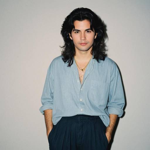 Young man with medium-length dark hair in 80s style