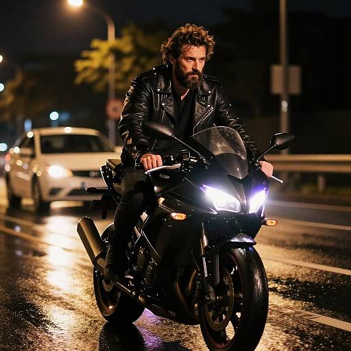 Photograph of a rugged bearded man with curly hair in a black leather jacket riding a sleek black motorcycle on a wet, illuminated night street with a