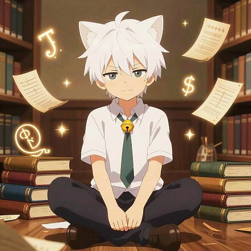 Anime-style drawing of a white-haired, cat-eared boy with blue eyes, wearing a white shirt, green tie, and black pants, sitting cross