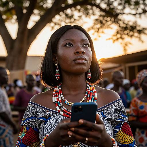 Photograph of a dark-skinned African woman with short black hair, wearing colorful beaded necklaces and intricate patterned dress, holding a phone,
