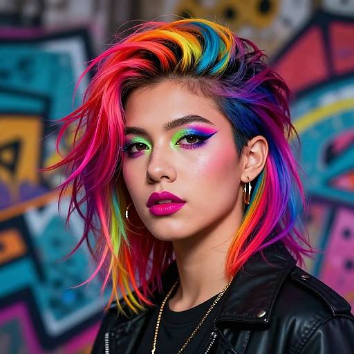 Photograph of a young Asian woman with vibrant rainbow hair, bold pink lipstick, and colorful eye makeup, wearing a black leather jacket, against a colorful