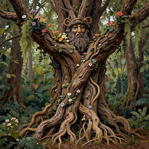 Digital illustration of a wise, bearded tree spirit with bear ears, entwined in a gnarled tree adorned with colorful flowers, set in