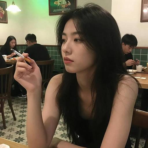 Asian Woman Smoking in Restaurant