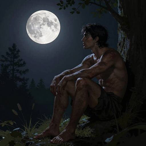 Man Gazing at Full Moon in Forest Clearing