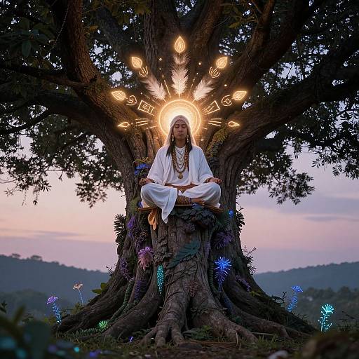 Photograph of a serene, brown-skinned man in white robes, sitting cross-legged on a tree with glowing symbols and a radiant halo, surrounded by