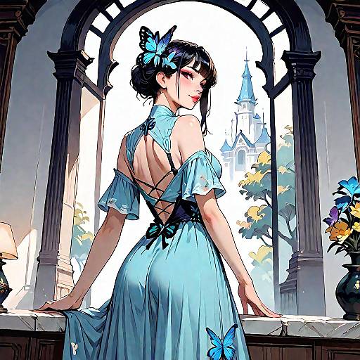 Anime Girl in Butterfly Dress Indoors