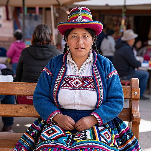 Photograph of a Native Andean woman with braided hair, wearing a colorful embroidered hat, blue cardigan, and traditional patterned skirt, seated