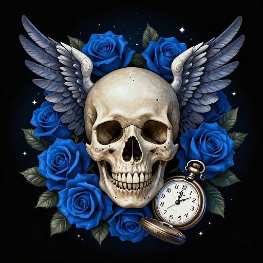 Skull with Wings and Blue Roses