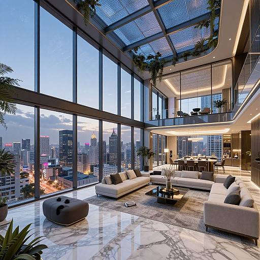 Modern luxury penthouse living room with floor-to-ceiling windows, city skyline view, marble floor, white sofas, gray ottoman, potted plants