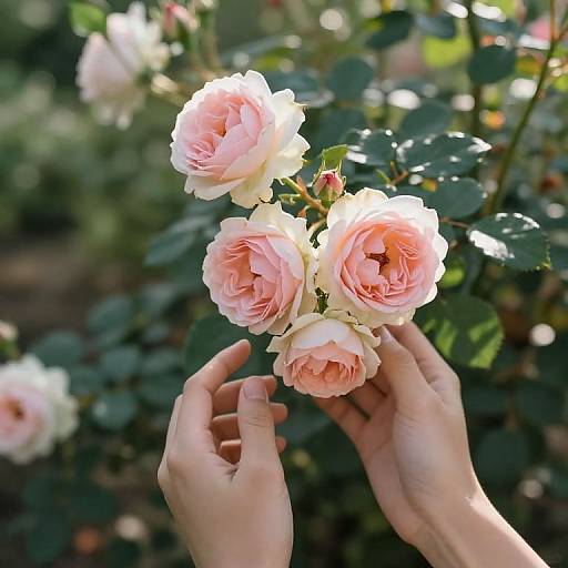 Photograph of delicate pink and white roses being gently held by two hands, with sunlit green leaves in the background.