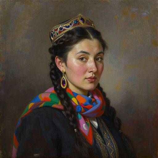 Painting of a regal woman with dark braided hair, wearing a colorful scarf, gold earrings, and ornate crown, against a dark,
