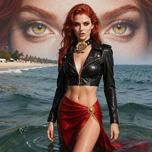 Photograph of a red-haired woman with striking eyes, wearing a black leather jacket and red skirt with gold details, standing in ocean waves with a large