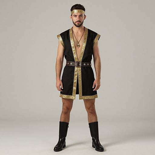 Photograph of a bearded man in a black and gold gladiator-style outfit with a headband, necklace, belt, and black boots.