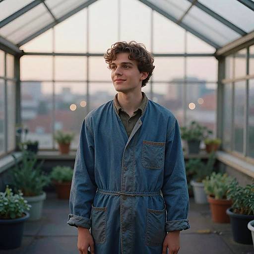 Painter on Rooftop Greenhouse at Twilight