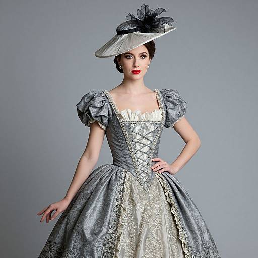 Photograph of a fair-skinned woman in an elaborate, silver-gray, 18th-century style gown with puffed sleeves, lace details, and