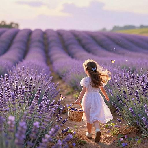 Photograph of a young girl with long brown hair in a white dress, holding a basket, walking through vibrant purple lavender fields, with sunlight and butterflies