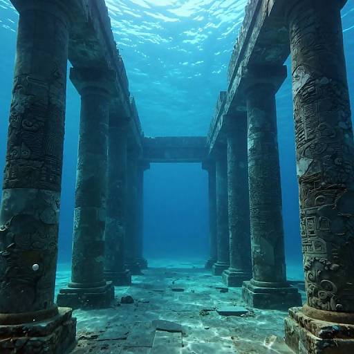 Photograph of an underwater ancient ruin with tall, weathered stone columns adorned with carvings, surrounded by blue-tinted, sunlit water