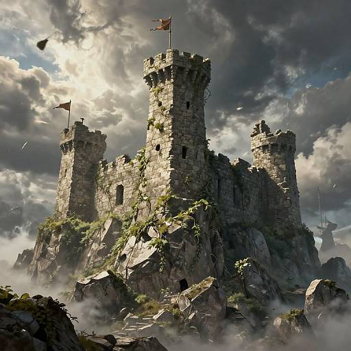 Photorealistic digital art of a towering medieval stone castle with three tall towers, weathered walls, and red flags, set against a dramatic, cloudy