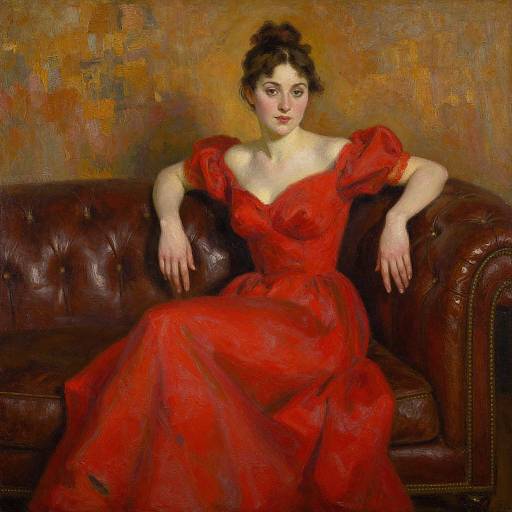 Impressionist painting of a fair-skinned woman with dark hair in an updo, wearing a red off-shoulder dress, sitting on a