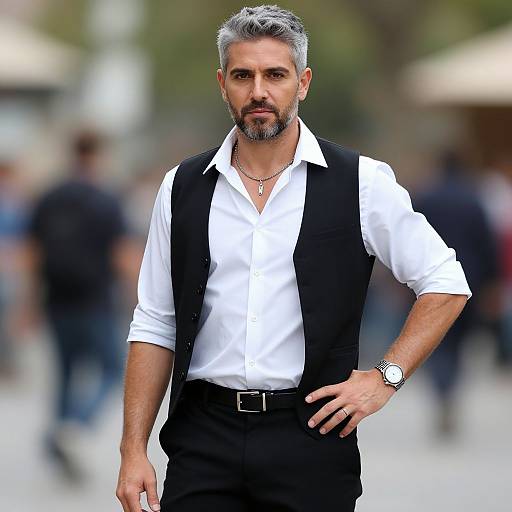 Photograph of a handsome, middle-aged man with gray hair and beard, wearing a white shirt, black vest, and black pants, standing confidently in