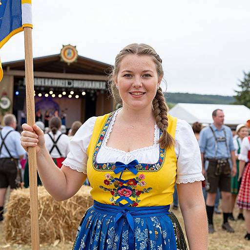Photograph of a smiling fair-skinned woman with brown hair in a braid, wearing a traditional Bavarian dirndl, holding a flag, at