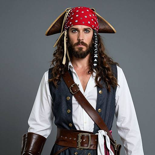 Photograph of a bearded man with long brown hair, wearing a red bandana, tricorn hat, white shirt, blue vest, brown belt