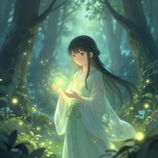 Digital anime-style artwork of a long-haired girl in a flowing white kimono holding glowing fireflies in a mystical, moonlit forest.