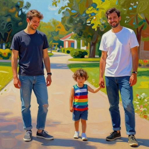 Photorealistic digital painting of a smiling family: father in navy t-shirt and jeans, son in white t-shirt, and young boy in striped shirt