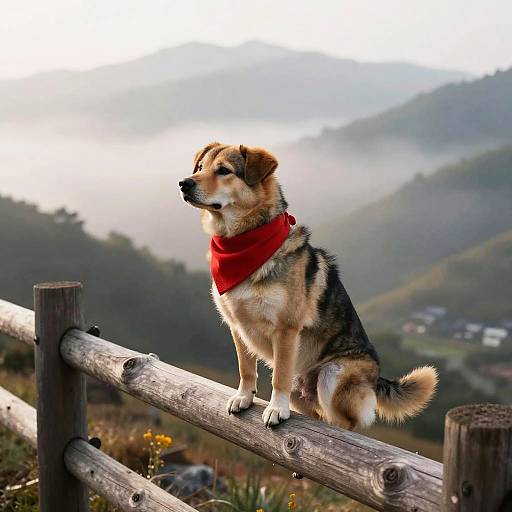 Dog with Red Scarf on Fence