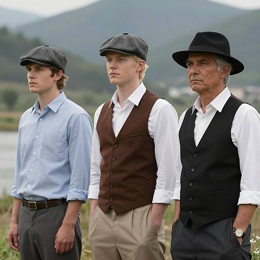 Three Serious Men Outdoors by River