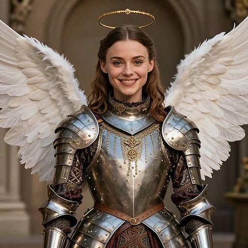 Photorealistic digital artwork of a smiling young woman with brown hair, white angel wings, golden halo, and ornate medieval armor.