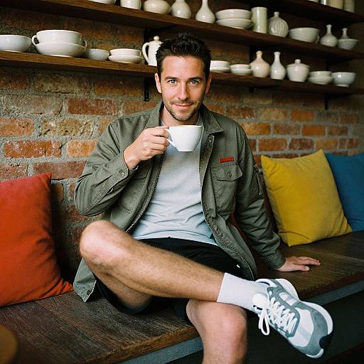 Man in Rustic Setting with Warm Drink