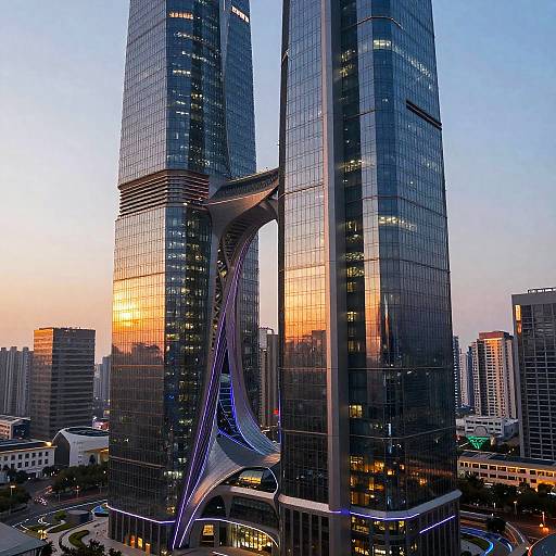 Photograph of twin skyscrapers with reflective glass windows, connected by a futuristic, white, crisscrossing bridge at sunset, surrounded by urban