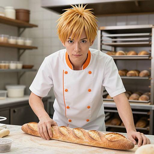 Photorealistic CGI of a young male baker with spiky orange hair, white double-buttoned chef coat, shaping a long, crusty bagu