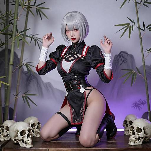 Silver-Haired Ninja Woman in Mystic Setting