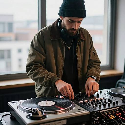 Photograph of a bearded man with a black beanie, olive jacket, and black shirt, DJing with two turntables in a brightly lit