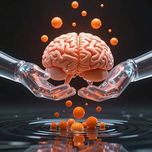 Digital illustration of two transparent hands cradling a glowing orange brain, surrounded by floating orange orbs, set against a dark background with ripples on a