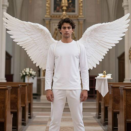 Photograph of a young man with curly brown hair and white wings standing in a church, wearing white long-sleeve shirt and pants, looking serious