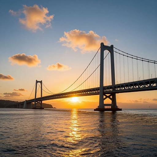 Photograph of a suspension bridge at sunset, with golden sunlight reflecting on calm water, silhouetted against a blue sky with scattered clouds.