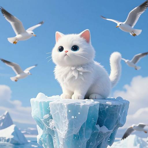 Digital artwork of a fluffy white kitten with blue eyes, sitting on a blue, ice-topped iceberg, surrounded by flying seagulls under a bright