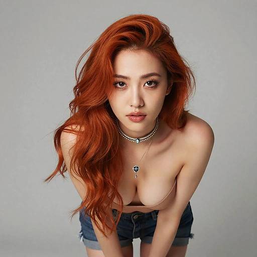 Red-haired woman bending forward with jewelry