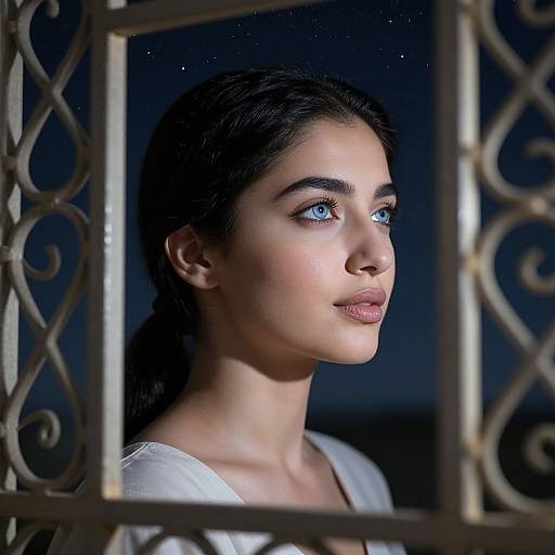Photograph of a woman with striking blue eyes and dark hair, viewed through an ornate, wrought-iron window, illuminated by soft, moonlit