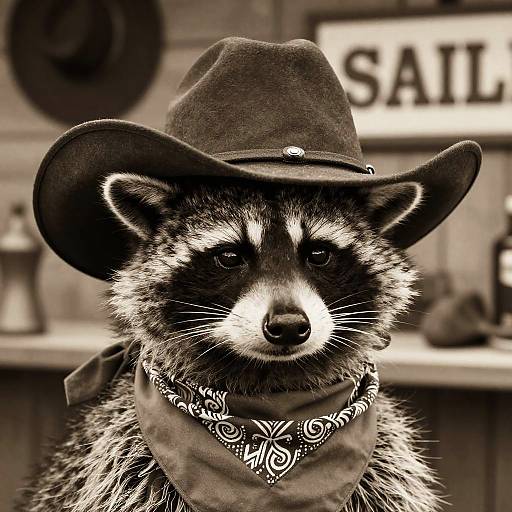 Black-and-white photograph of a raccoon wearing a cowboy hat and bandana, with a blurred 