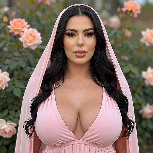 Photograph of a curvy woman with long black hair, wearing a low-cut pink dress and veil, surrounded by blooming roses.