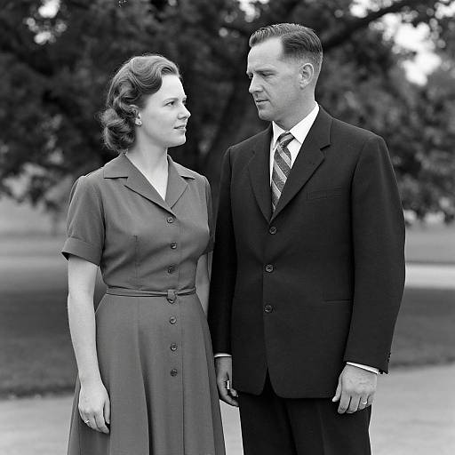 Black-and-white photograph of a 1940s-style couple; woman in short-sleeved, belted dress, man in dark suit with striped